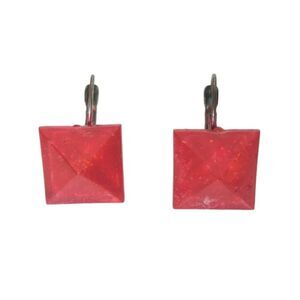 Vintage Red Square Plastic Stud Earrings Lever Back Silver Tone